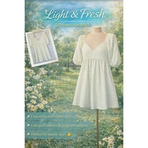 Gingham Puff Sleeve Open Back Mini Dress Sage Green White V-Neck Ruffle Empire